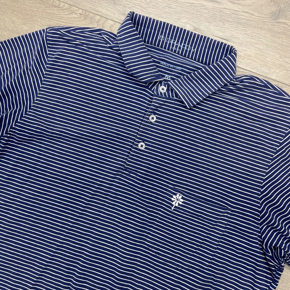B. Draddy Polo Shirt Mens M Blue Striped Short Sleeve Pocket Golf Casual